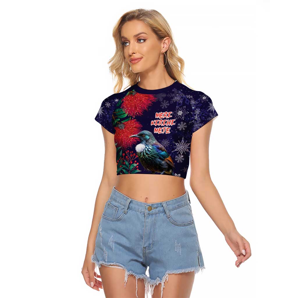 Tui Meri Kirihimete Personalised Raglan Cropped T Shirt Pohutukawa Flowers Blue Motif - Polynesian Pride