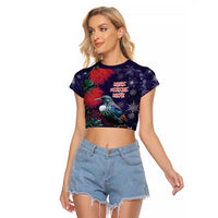 Tui Meri Kirihimete Personalised Raglan Cropped T Shirt Pohutukawa Flowers Blue Motif - Polynesian Pride