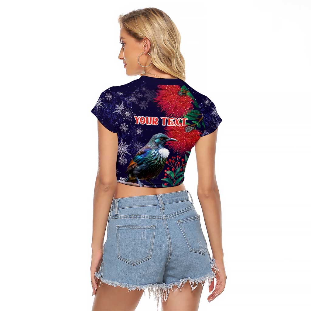 Tui Meri Kirihimete Personalised Raglan Cropped T Shirt Pohutukawa Flowers Blue Motif - Polynesian Pride