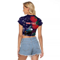 Tui Meri Kirihimete Personalised Raglan Cropped T Shirt Pohutukawa Flowers Blue Motif - Polynesian Pride