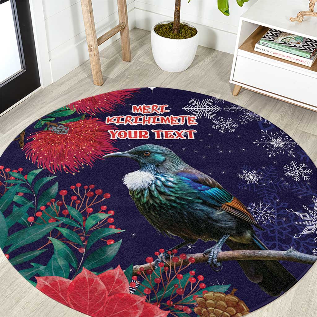 Tui Meri Kirihimete Personalised Round Carpet Pohutukawa Flowers Blue Motif LT9 Blue - Polynesian Pride