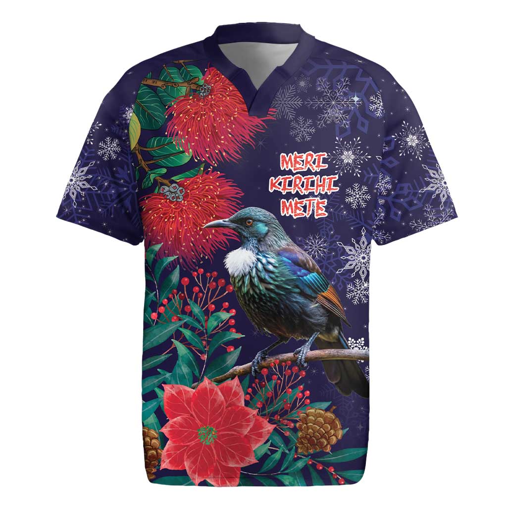 Tui Meri Kirihimete Personalised Rugby Jersey Pohutukawa Flowers Blue Motif LT9 Blue - Polynesian Pride