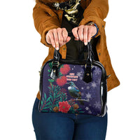 Tui Meri Kirihimete Personalised Shoulder Handbag Pohutukawa Flowers Blue Motif - Polynesian Pride