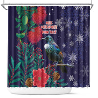 Tui Meri Kirihimete Personalised Shower Curtain Pohutukawa Flowers Blue Motif LT9 Blue - Polynesian Pride