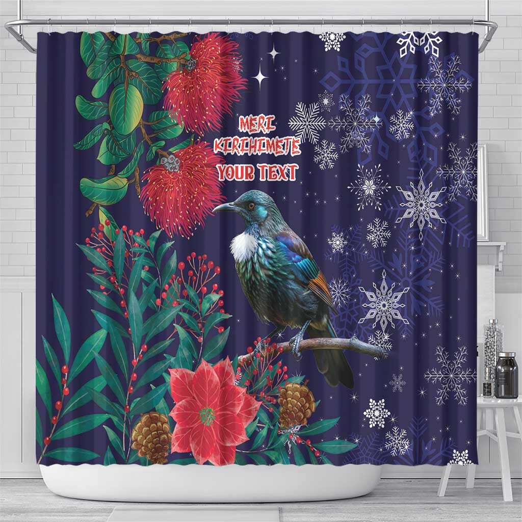 Tui Meri Kirihimete Personalised Shower Curtain Pohutukawa Flowers Blue Motif LT9 - Polynesian Pride