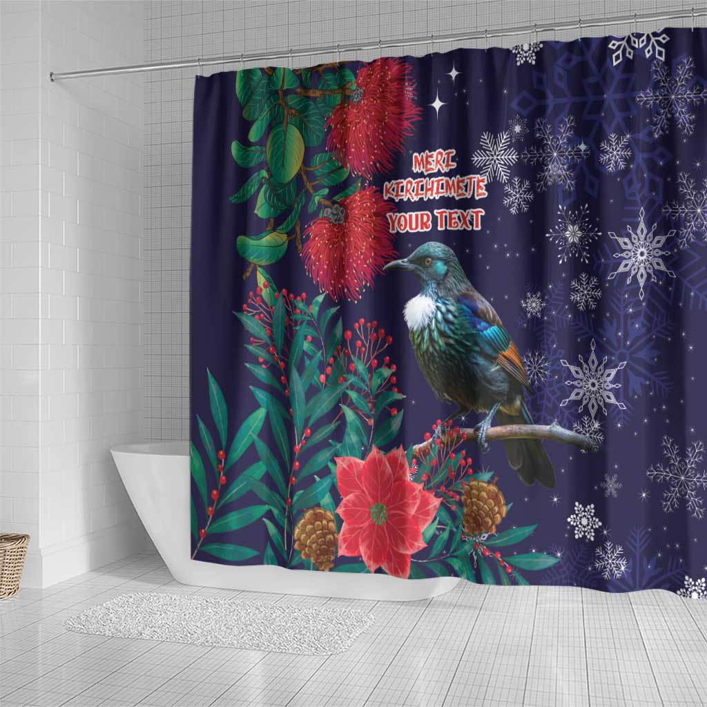 Tui Meri Kirihimete Personalised Shower Curtain Pohutukawa Flowers Blue Motif LT9 - Polynesian Pride