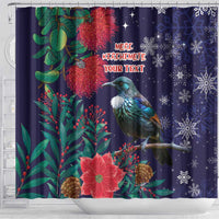 Tui Meri Kirihimete Personalised Shower Curtain Pohutukawa Flowers Blue Motif LT9 - Polynesian Pride