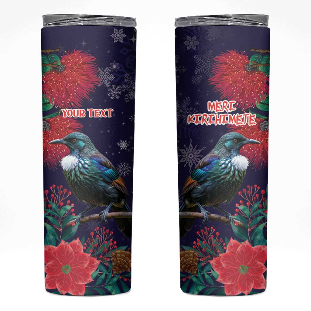 Tui Meri Kirihimete Personalised Skinny Tumbler Pohutukawa Flowers Blue Motif LT9 Blue - Polynesian Pride
