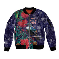 Tui Meri Kirihimete Personalised Sleeve Zip Bomber Jacket Pohutukawa Flowers Blue Motif - Polynesian Pride