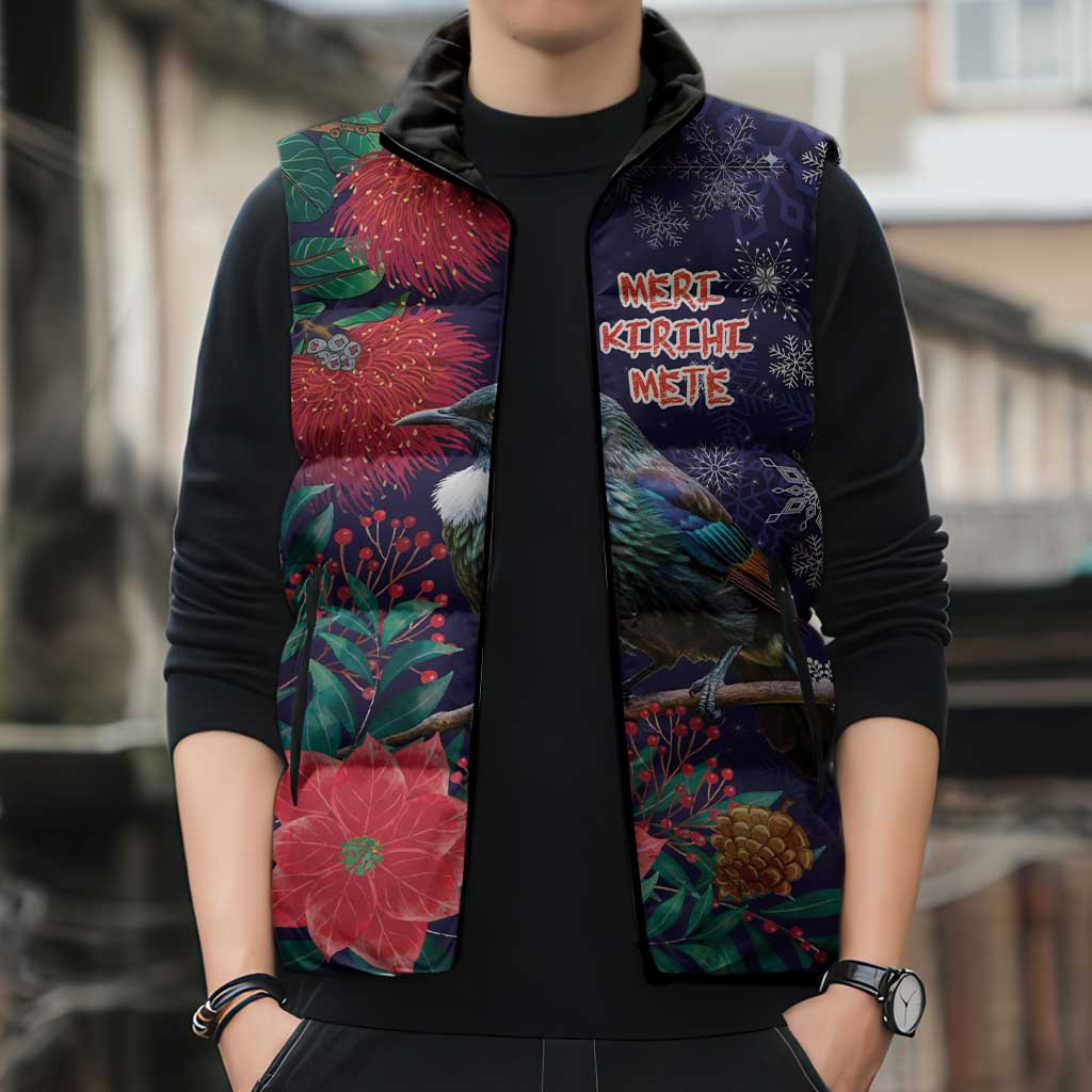 Tui Meri Kirihimete Personalised Sleeveless Puffer Jacket Pohutukawa Flowers Blue Motif - Polynesian Pride