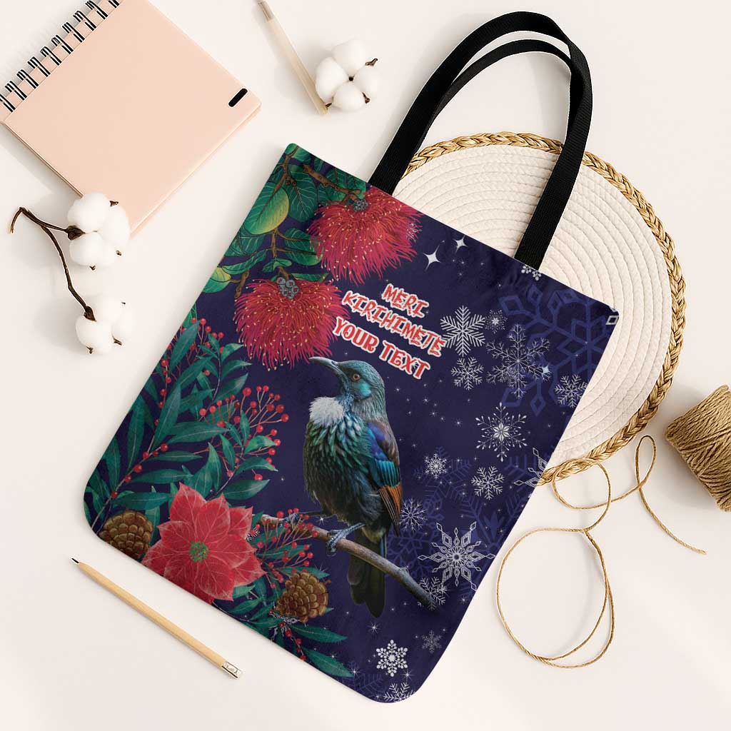 Tui Meri Kirihimete Personalised Tote Bag Pohutukawa Flowers Blue Motif - Polynesian Pride