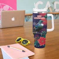 Tui Meri Kirihimete Personalised Tumbler With Handle Pohutukawa Flowers Blue Motif - Polynesian Pride