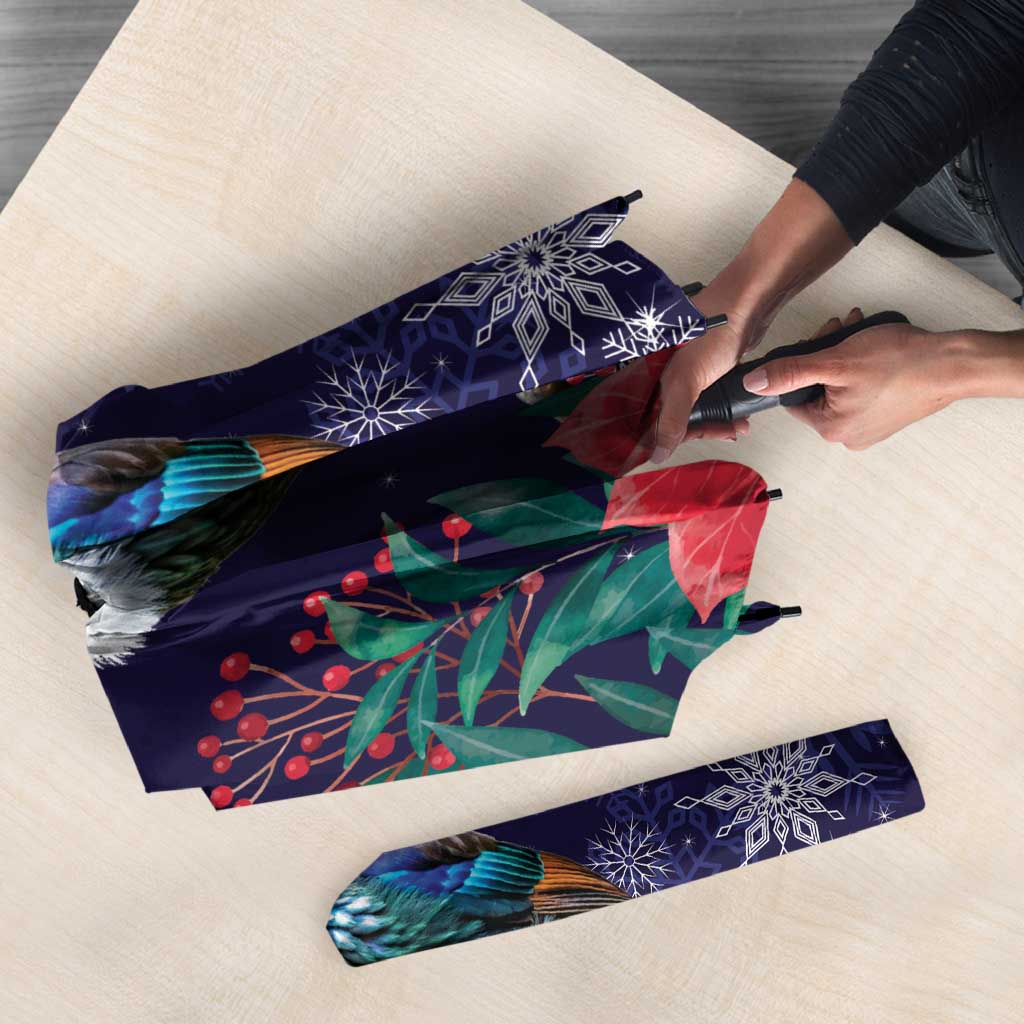 Tui Meri Kirihimete Personalised Umbrella Pohutukawa Flowers Blue Motif - Polynesian Pride