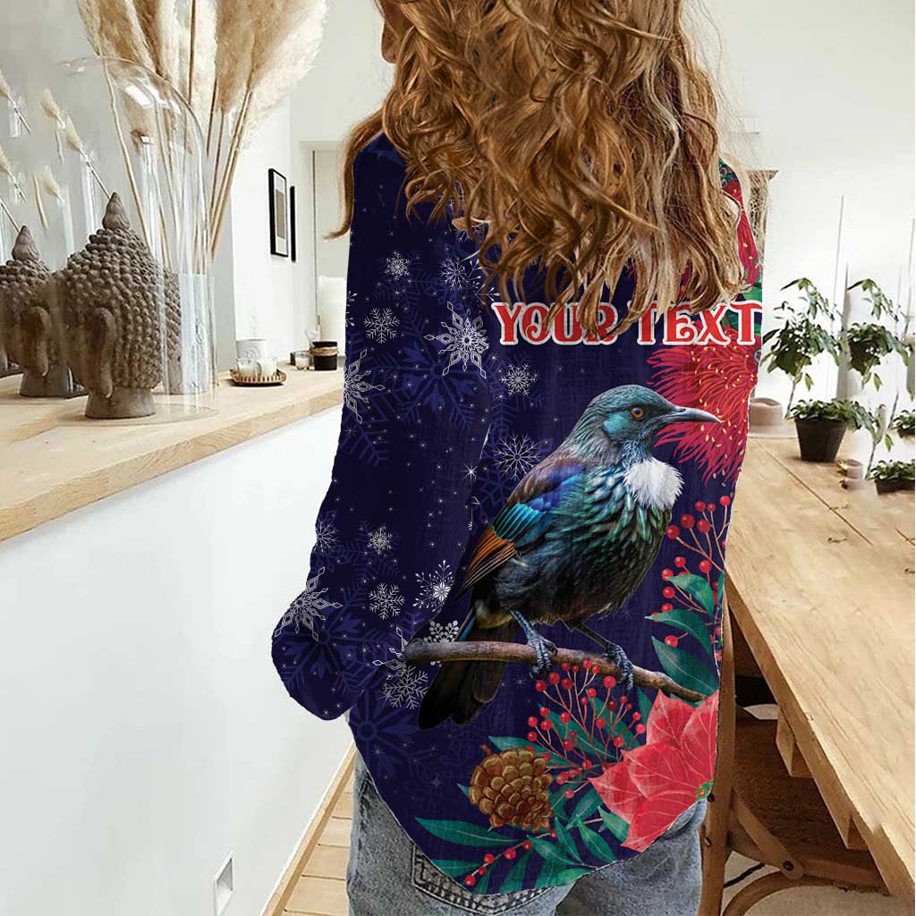 Tui Meri Kirihimete Personalised Women Casual Shirt Pohutukawa Flowers Blue Motif LT9 - Polynesian Pride
