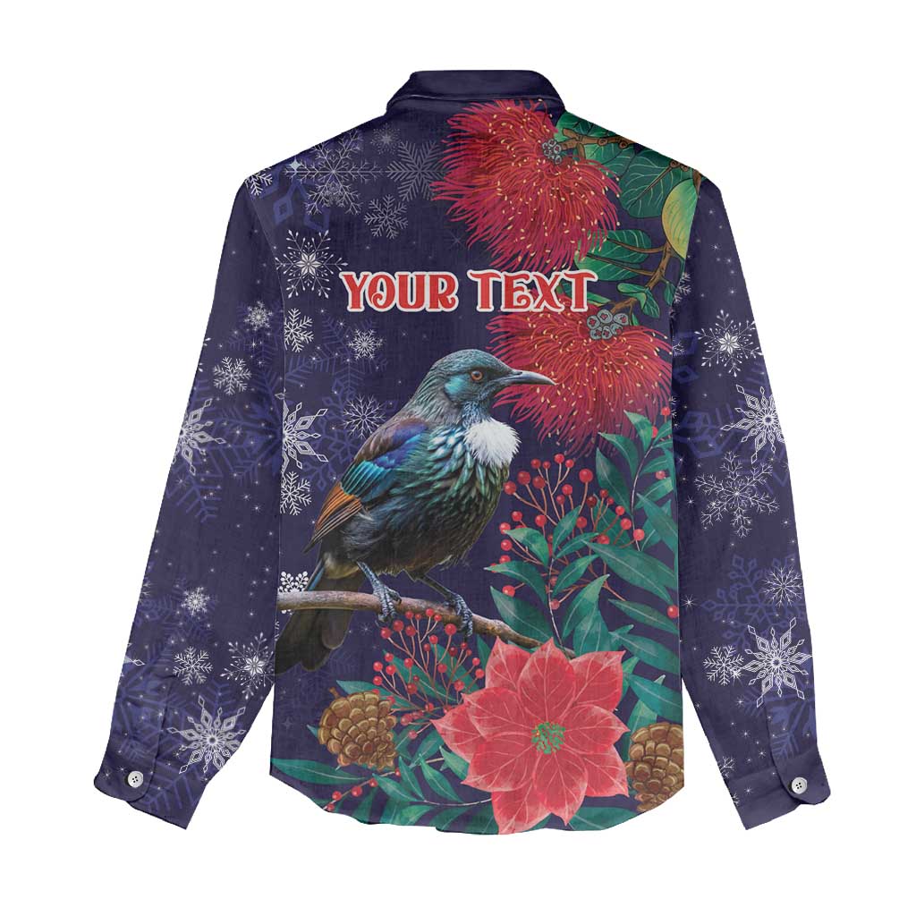 Tui Meri Kirihimete Personalised Women Casual Shirt Pohutukawa Flowers Blue Motif LT9 - Polynesian Pride