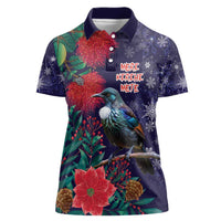 Tui Meri Kirihimete Personalised Women Polo Shirt Pohutukawa Flowers Blue Motif LT9 Female Blue - Polynesian Pride