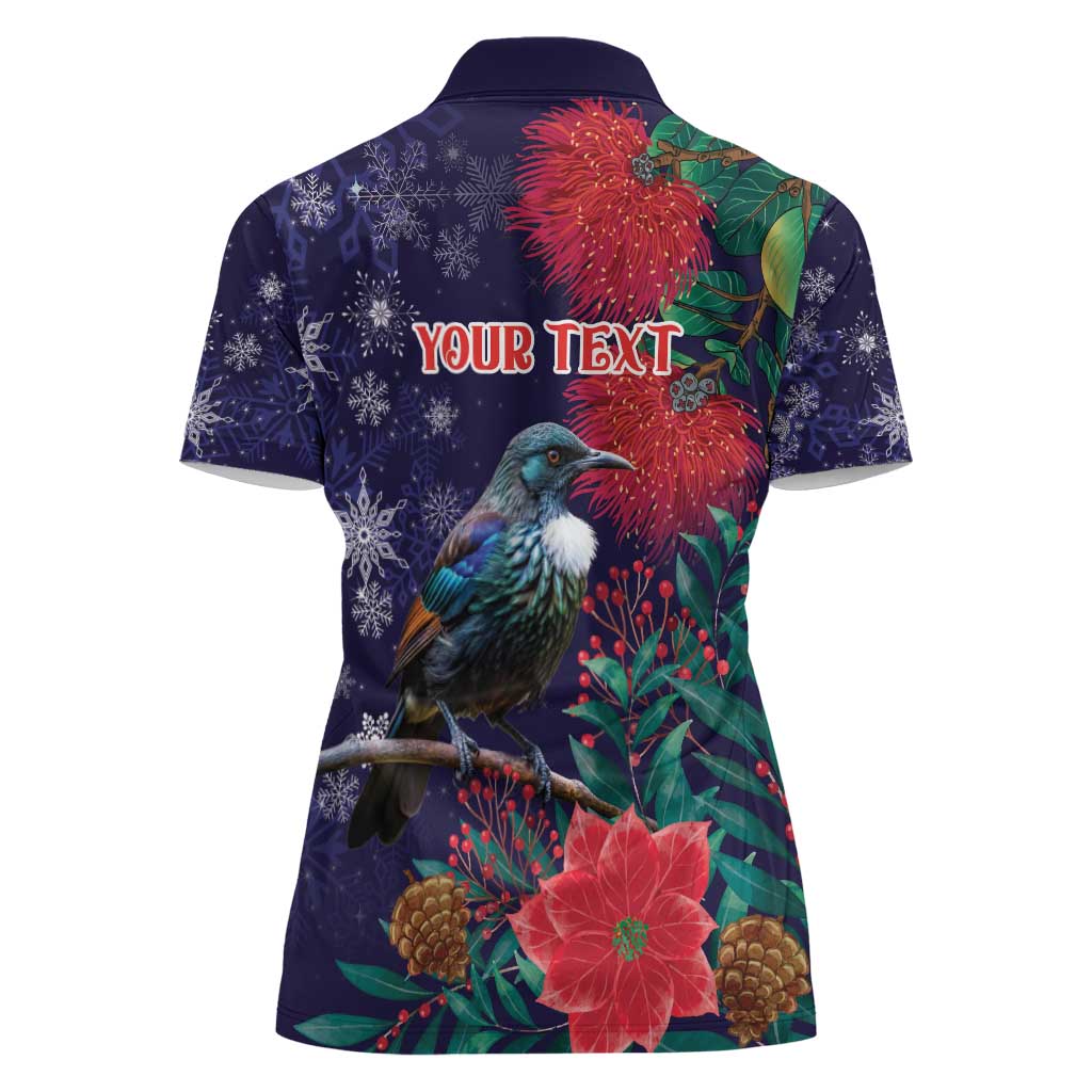 Tui Meri Kirihimete Personalised Women Polo Shirt Pohutukawa Flowers Blue Motif LT9 - Polynesian Pride