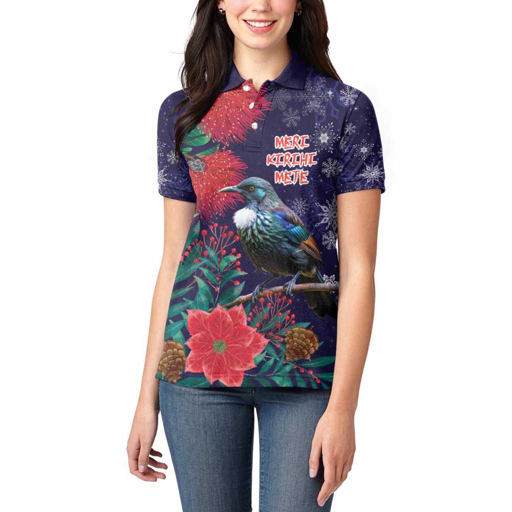 Tui Meri Kirihimete Personalised Women Polo Shirt Pohutukawa Flowers Blue Motif LT9 - Polynesian Pride