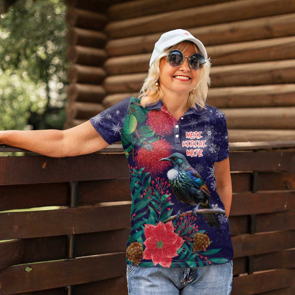 Tui Meri Kirihimete Personalised Women Polo Shirt Pohutukawa Flowers Blue Motif LT9 - Polynesian Pride