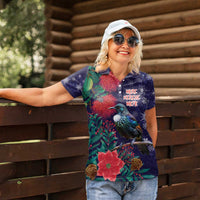 Tui Meri Kirihimete Personalised Women Polo Shirt Pohutukawa Flowers Blue Motif LT9 - Polynesian Pride