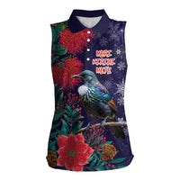 Tui Meri Kirihimete Personalised Women Sleeveless Polo Shirt Pohutukawa Flowers Blue Motif LT9 Female Blue - Polynesian Pride