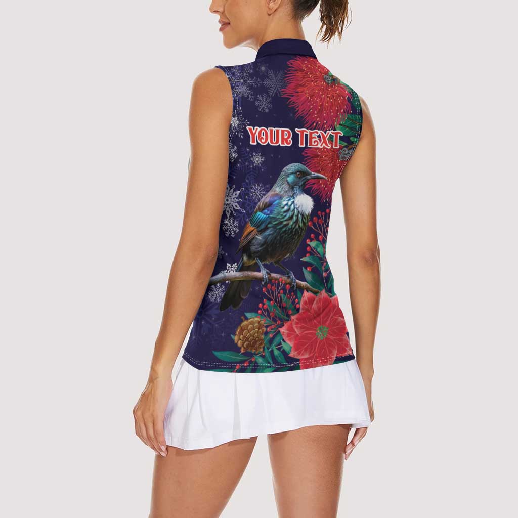 Tui Meri Kirihimete Personalised Women Sleeveless Polo Shirt Pohutukawa Flowers Blue Motif LT9 - Polynesian Pride