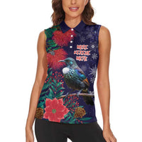 Tui Meri Kirihimete Personalised Women Sleeveless Polo Shirt Pohutukawa Flowers Blue Motif LT9 - Polynesian Pride