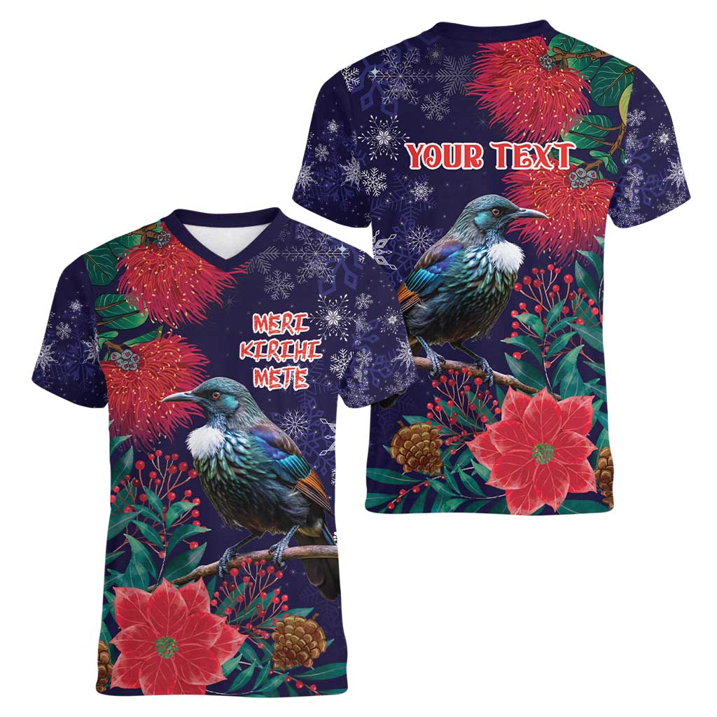 Tui Meri Kirihimete Personalised Women V-Neck T-Shirt Pohutukawa Flowers Blue Motif LT9 - Polynesian Pride