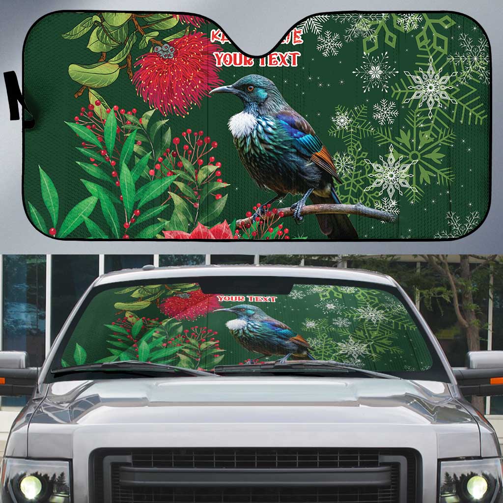 Tui Meri Kirihimete Personalised Auto Sun Shade Pohutukawa Flowers Green Motif LT9 Green - Polynesian Pride