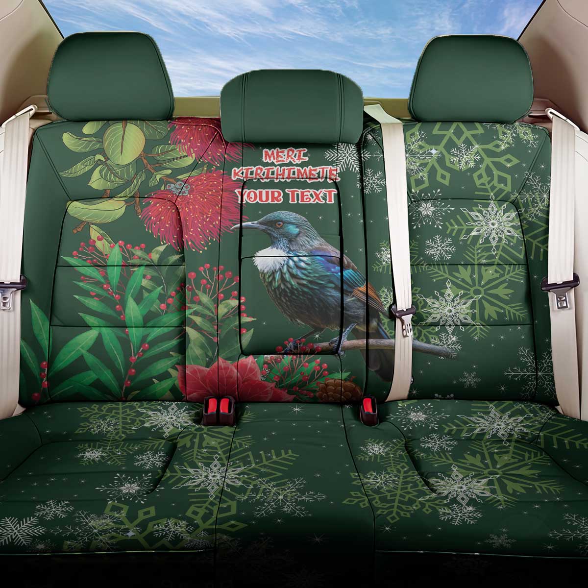 Tui Meri Kirihimete Personalised Back Car Seat Cover Pohutukawa Flowers Green Motif LT9 One Size Green - Polynesian Pride