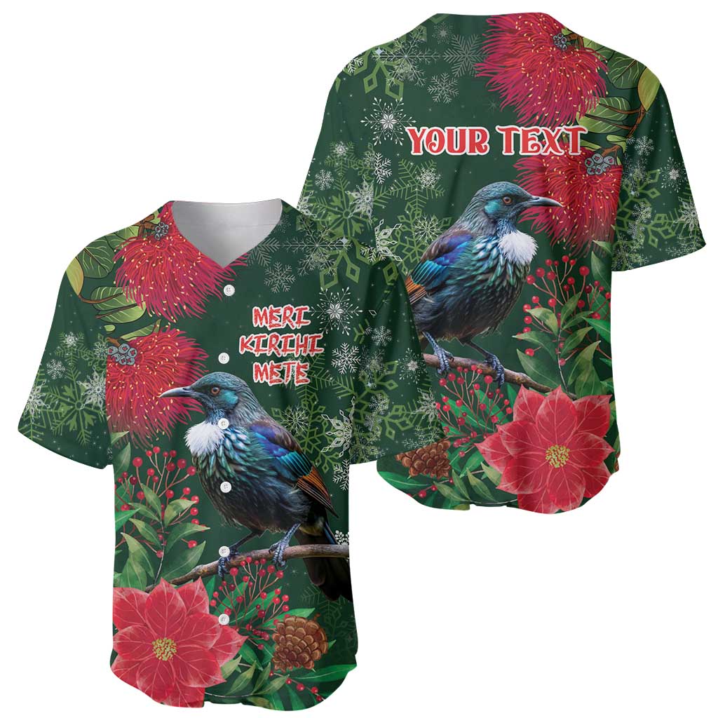 Tui Meri Kirihimete Personalised Baseball Jersey Pohutukawa Flowers Green Motif LT9 - Polynesian Pride