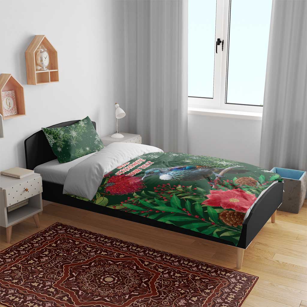 Tui Meri Kirihimete Personalised Bedding Set Pohutukawa Flowers Green Motif - Polynesian Pride