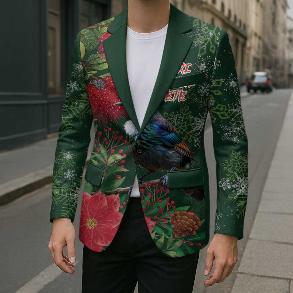 Tui Meri Kirihimete Personalised Blazer Pohutukawa Flowers Green Motif - Polynesian Pride