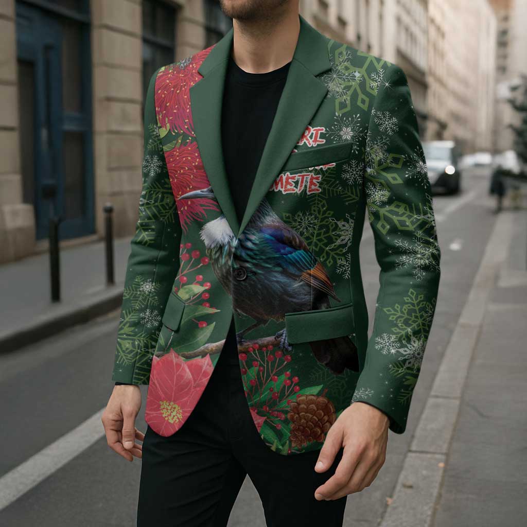 Tui Meri Kirihimete Personalised Blazer Pohutukawa Flowers Green Motif - Polynesian Pride