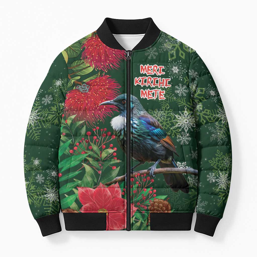 Tui Meri Kirihimete Personalised Bomber Puffer Jacket Pohutukawa Flowers Green Motif LT9 Unisex Green - Polynesian Pride