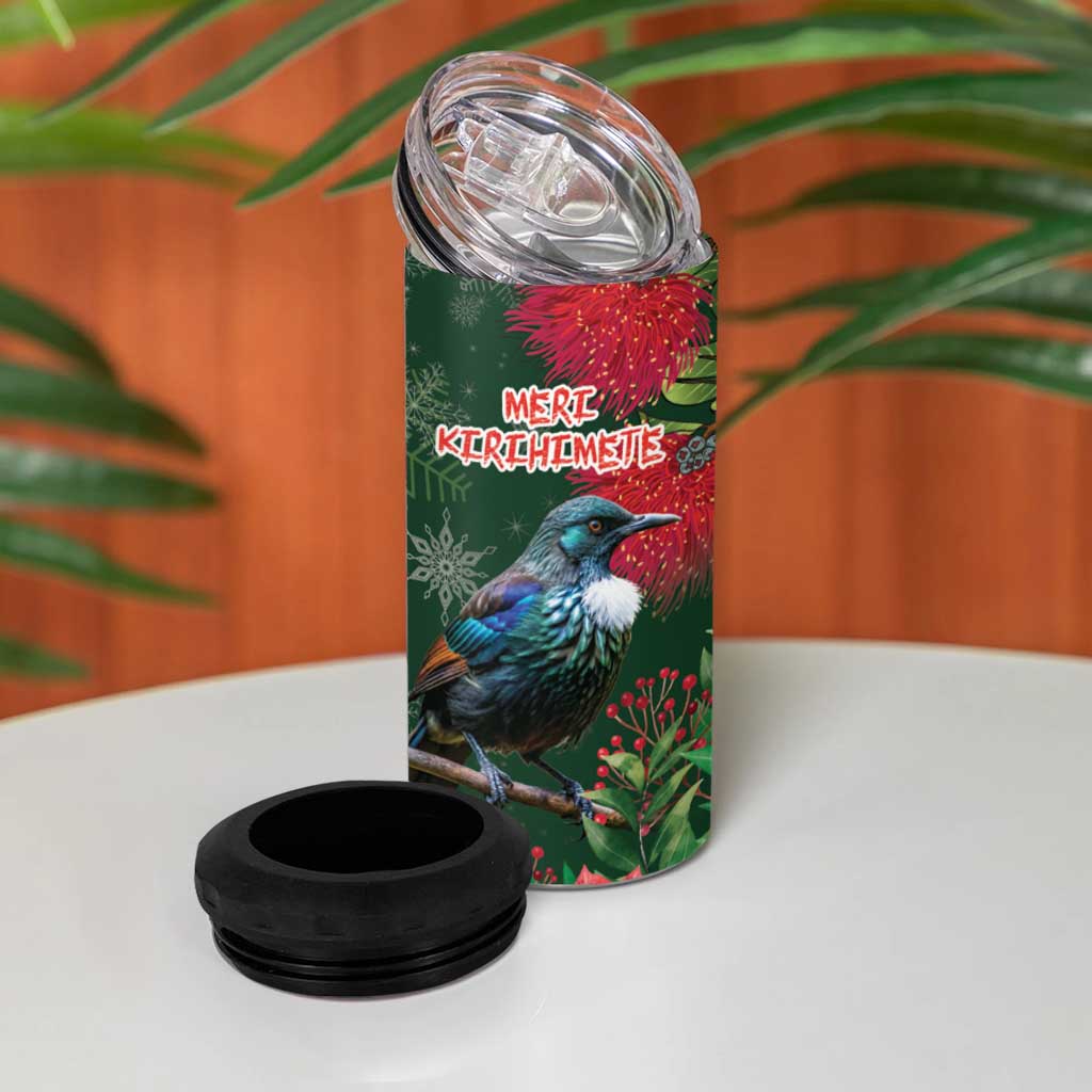 Tui Meri Kirihimete Personalised 4 in 1 Can Cooler Tumbler Pohutukawa Flowers Green Motif LT9 - Polynesian Pride