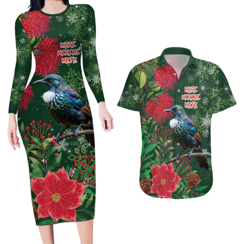 Tui Meri Kirihimete Personalised Couples Matching Long Sleeve Bodycon Dress and Hawaiian Shirt Pohutukawa Flowers Green Motif LT9 Green - Polynesian Pride