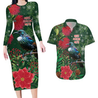 Tui Meri Kirihimete Personalised Couples Matching Long Sleeve Bodycon Dress and Hawaiian Shirt Pohutukawa Flowers Green Motif LT9 Green - Polynesian Pride