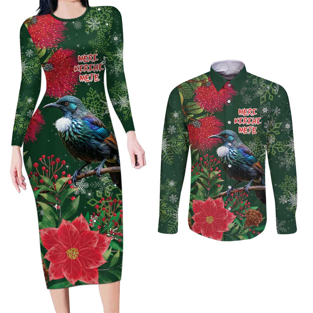Tui Meri Kirihimete Personalised Couples Matching Long Sleeve Bodycon Dress and Long Sleeve Button Shirt Pohutukawa Flowers Green Motif LT9 Green - Polynesian Pride