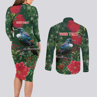 Tui Meri Kirihimete Personalised Couples Matching Long Sleeve Bodycon Dress and Long Sleeve Button Shirt Pohutukawa Flowers Green Motif LT9 - Polynesian Pride