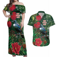 Tui Meri Kirihimete Personalised Couples Matching Off Shoulder Maxi Dress and Hawaiian Shirt Pohutukawa Flowers Green Motif LT9 Green - Polynesian Pride