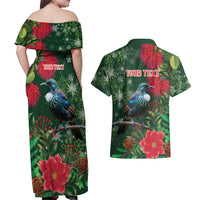Tui Meri Kirihimete Personalised Couples Matching Off Shoulder Maxi Dress and Hawaiian Shirt Pohutukawa Flowers Green Motif LT9 - Polynesian Pride