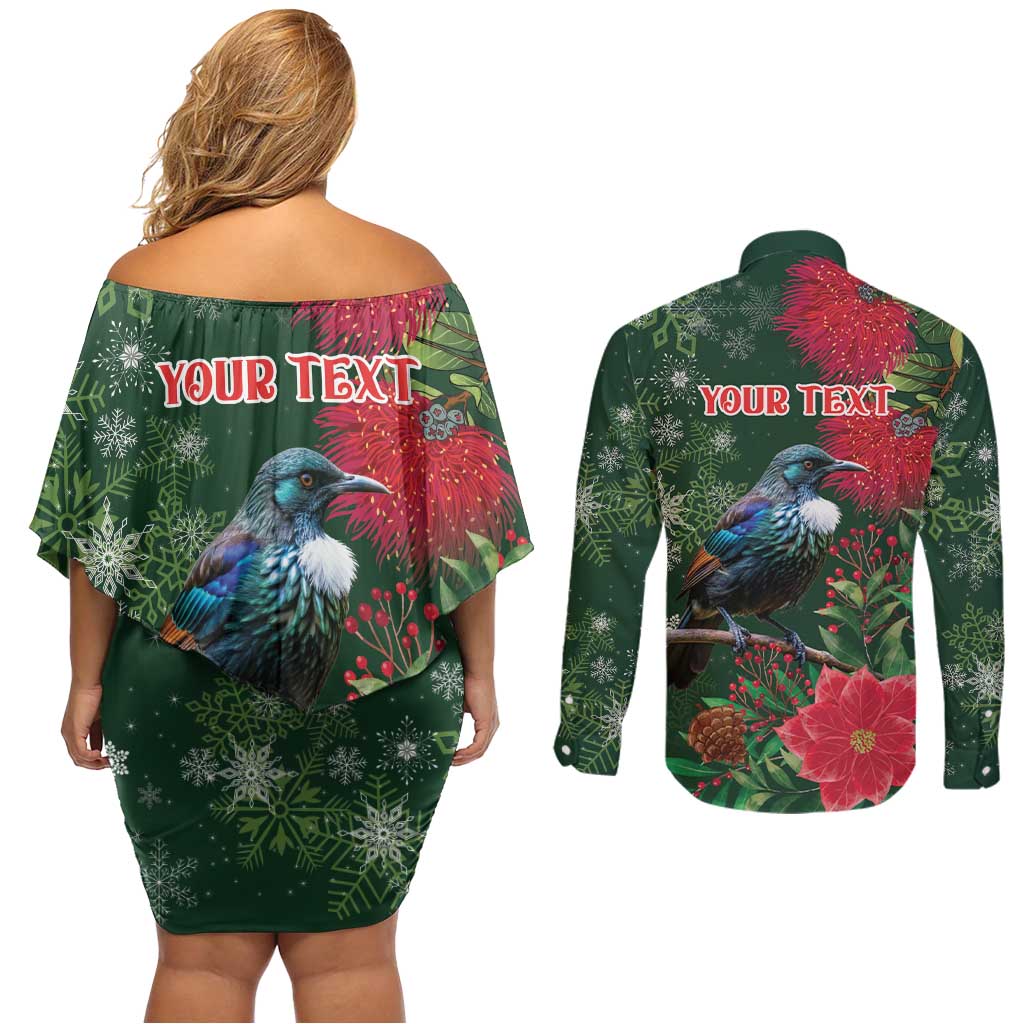 Tui Meri Kirihimete Personalised Couples Matching Off Shoulder Short Dress and Long Sleeve Button Shirt Pohutukawa Flowers Green Motif LT9 - Polynesian Pride