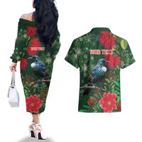 Tui Meri Kirihimete Personalised Couples Matching Off The Shoulder Long Sleeve Dress and Hawaiian Shirt Pohutukawa Flowers Green Motif LT9 - Polynesian Pride
