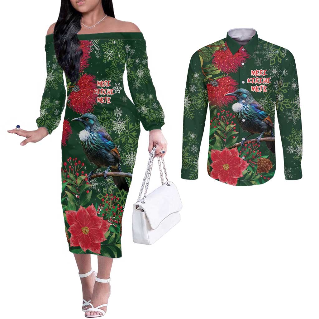 Tui Meri Kirihimete Personalised Couples Matching Off The Shoulder Long Sleeve Dress and Long Sleeve Button Shirt Pohutukawa Flowers Green Motif LT9 Green - Polynesian Pride