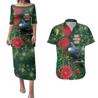 Tui Meri Kirihimete Personalised Couples Matching Puletasi and Hawaiian Shirt Pohutukawa Flowers Green Motif LT9 Green - Polynesian Pride