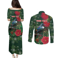 Tui Meri Kirihimete Personalised Couples Matching Puletasi and Long Sleeve Button Shirt Pohutukawa Flowers Green Motif LT9 - Polynesian Pride