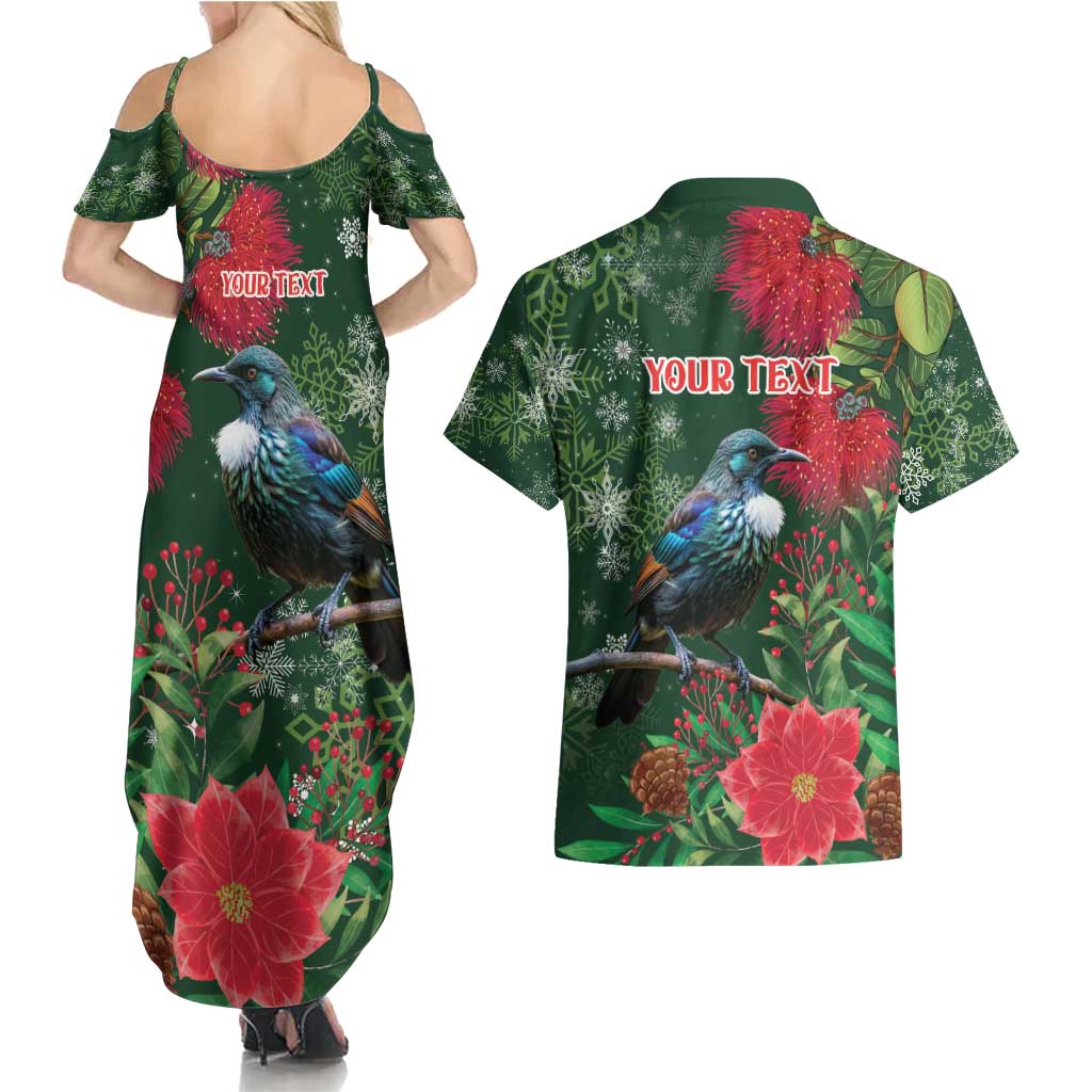 Tui Meri Kirihimete Personalised Couples Matching Summer Maxi Dress and Hawaiian Shirt Pohutukawa Flowers Green Motif LT9 - Polynesian Pride