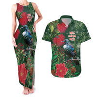 Tui Meri Kirihimete Personalised Couples Matching Tank Maxi Dress and Hawaiian Shirt Pohutukawa Flowers Green Motif LT9 Green - Polynesian Pride