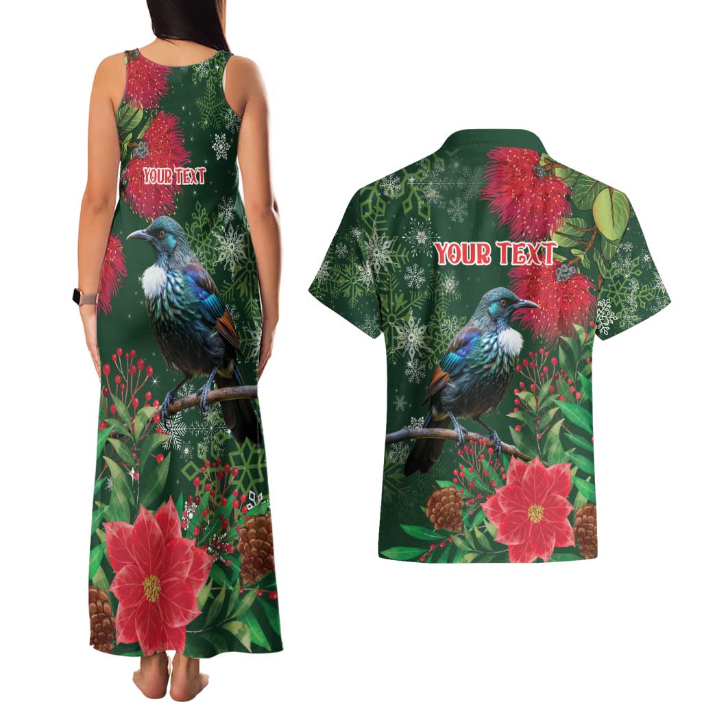 Tui Meri Kirihimete Personalised Couples Matching Tank Maxi Dress and Hawaiian Shirt Pohutukawa Flowers Green Motif LT9 - Polynesian Pride